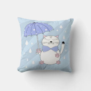 Cute cartoon cat with umbrella throw pillow
