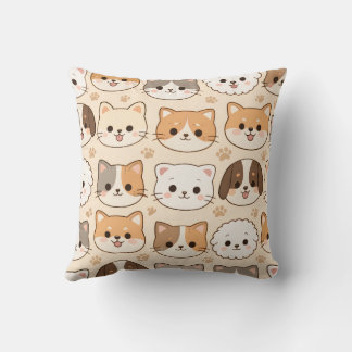 Cute Cartoon Cats and Dogs Seamless Animal Pattern Throw Pillow