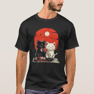 Cute Cartoon Cats Eating Sushi with Japanese Sun T-Shirt