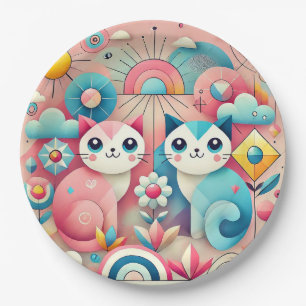 Cute Cartoon Cats in Nature Scene Paper Plate