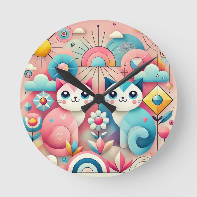 Cute Cartoon Cats in Nature Scene Round Clock (Front)