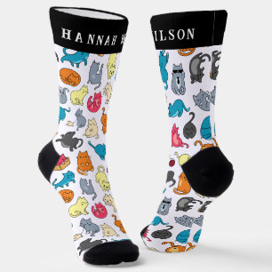 Cute Cartoon Cats Pattern   Monogram Socks