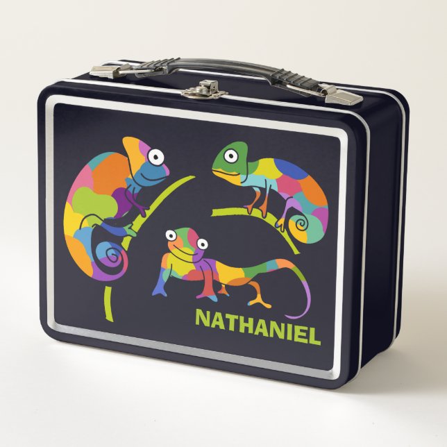 Cute Cartoon Chameleons Bright Colours Personalize Metal Lunch Box (Front)