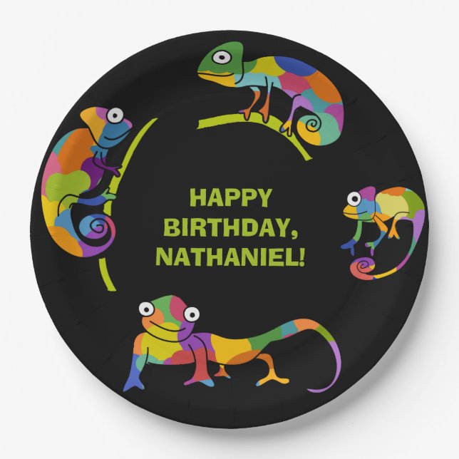Cute Cartoon Chameleons Bright Colours Personalize Paper Plate (Front)