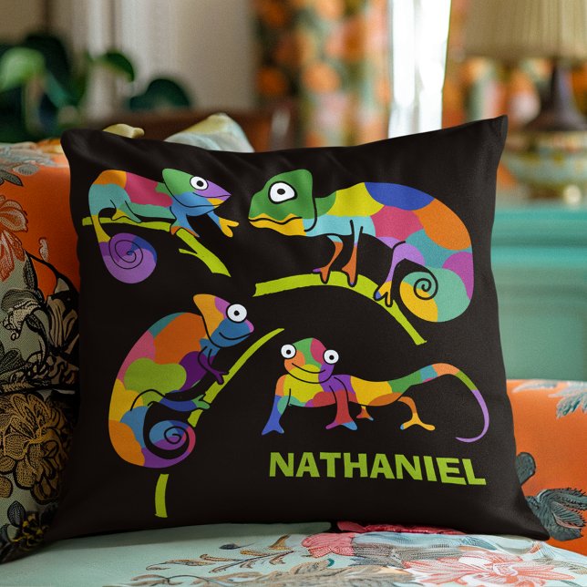 Cute Cartoon Chameleons Bright Colours Personalize Throw Pillow (Creator Uploaded)