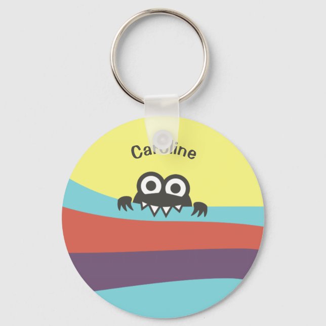 Cute Cartoon Character Colourful Stripes Kids Name Keychain (Front)