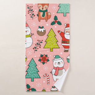 Cute cartoon character, pine trees and christmas e bath towel