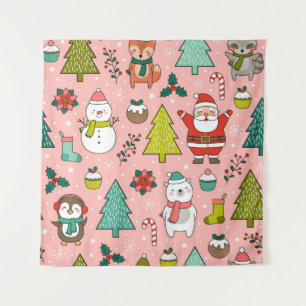 Cute cartoon character, pine trees and christmas e tapestry