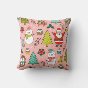 Cute cartoon character, pine trees and christmas e throw pillow