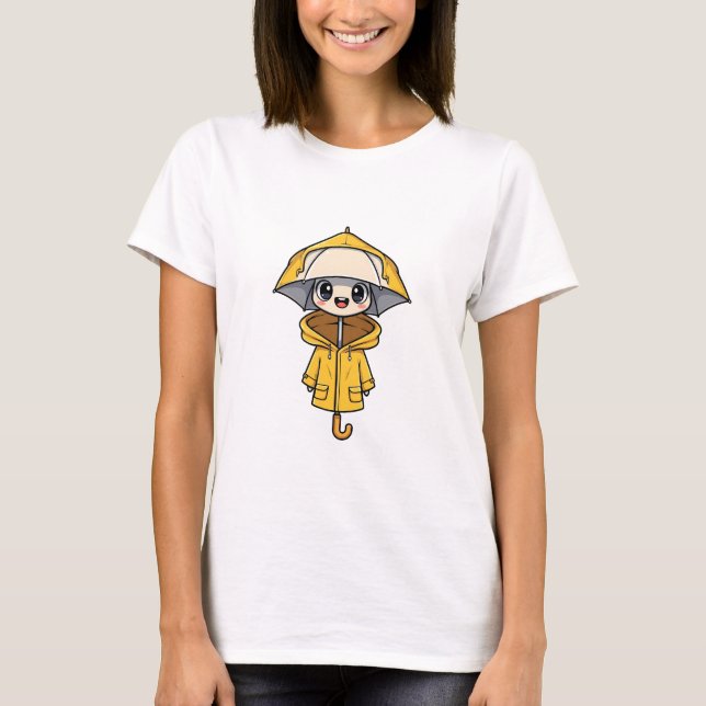 Cute Cartoon Character Wearing Yellow Raincoat T-Shirt (Front)