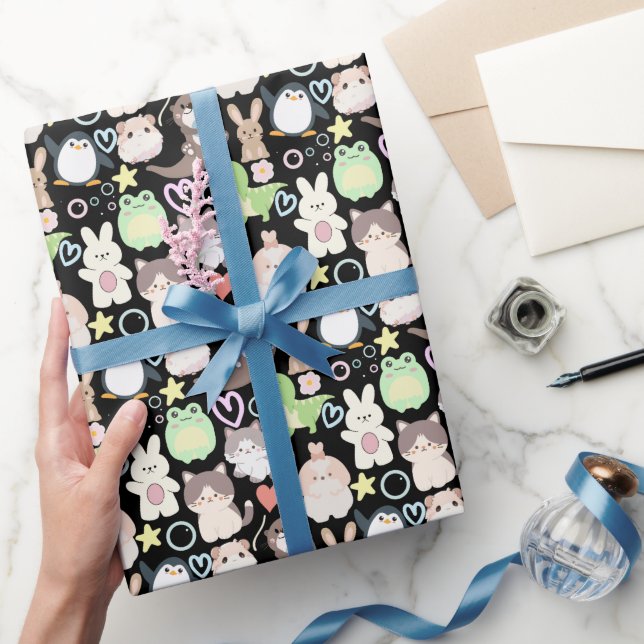 Cute Cartoon characters pattern Black BG Wrapping Paper (Gifting)