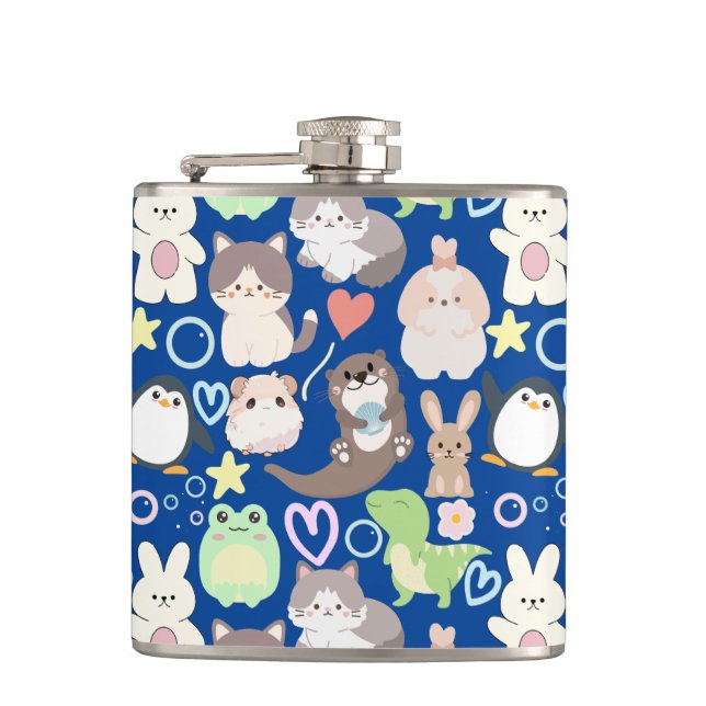 Cute Cartoon characters pattern D Blue BG Hip Flask (Front)