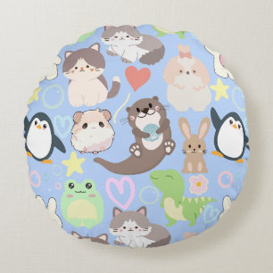 Cute Cartoon characters pattern L Blue BG Round Pillow