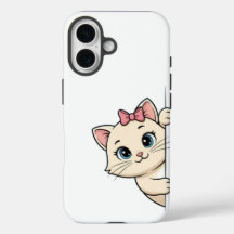 Cute Cartoon Chat Peek iPhone 16 Coque - Jouer Min