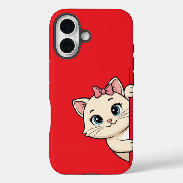 Cute Cartoon Chat Peek iPhone 16 Coque - Jouer Min (Verso)