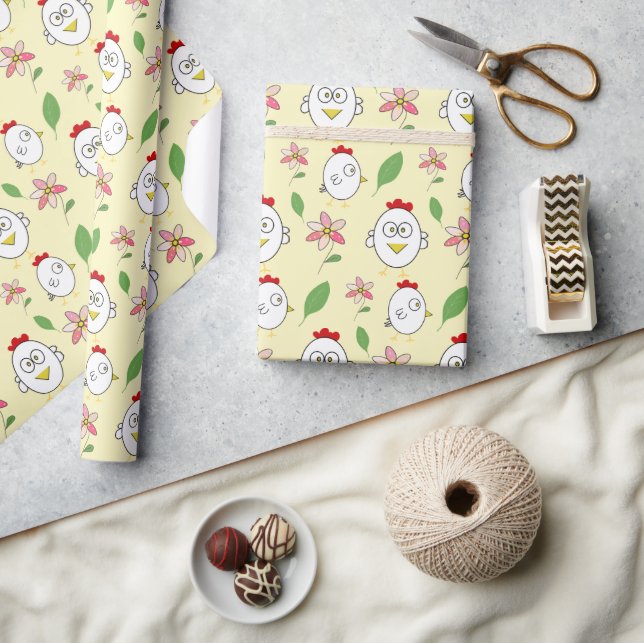 Cute Cartoon Chicken Illustration Wrapping Paper (Crafts)