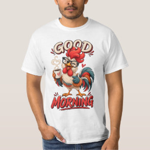 Cute Cartoon Chicken with Mug   T-Shirt