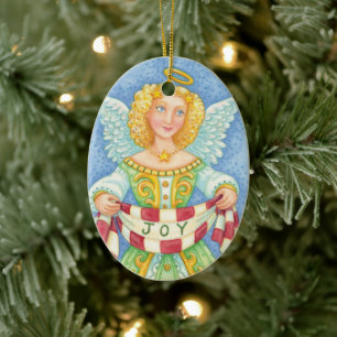 Cute Cartoon Christmas Angel Halo with Joy Banner Ceramic Ornament