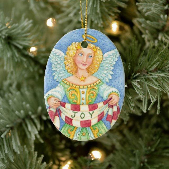 Cute Cartoon Christmas Angel Halo with Joy Banner Ceramic Ornament (Tree)