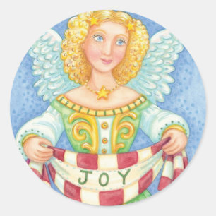 Cute Cartoon Christmas Angel Halo with Joy Banner Classic Round Sticker