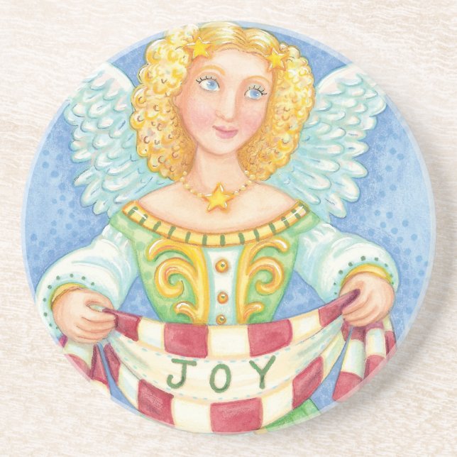 Cute Cartoon Christmas Angel Halo with Joy Banner Coaster (Front)