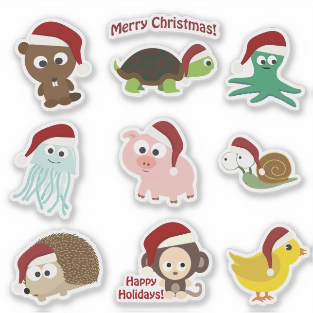 Cute Cartoon Christmas  Animals Wearing Santa Hats (Front)