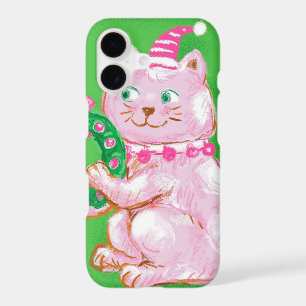 Cute Cartoon Christmas Cat Holding Wreath
