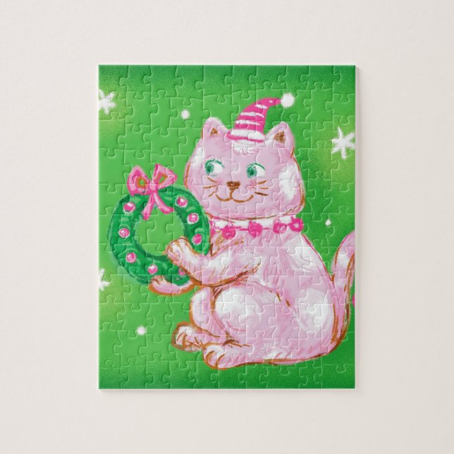 Cute Cartoon Christmas Cat Holding Wreath Jigsaw Puzzle (Vertical)