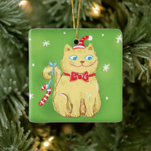 Cute Cartoon Christmas Cat with Santa Hat Ceramic Ornament