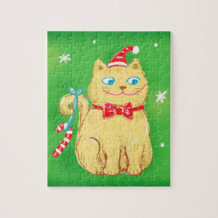 Cute Cartoon Christmas Cat with Santa Hat Jigsaw Puzzle