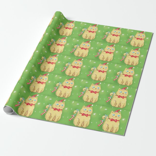 Cute Cartoon Christmas Cat with Santa Hat Wrapping Paper (Unrolled)