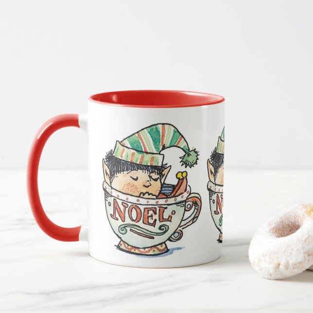 Cute Cartoon Christmas Elf Sleeping in a Tea Cup (With Donut)