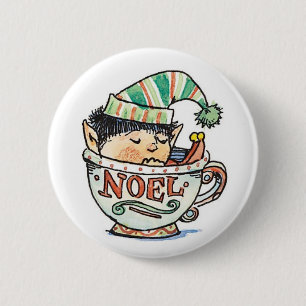 Cute Cartoon Christmas Elf Sleeping in a Tea Cup 2 Inch Round Button