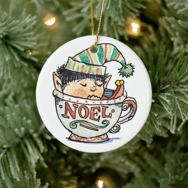 Cute Cartoon Christmas Elf Sleeping in a Tea Cup Ceramic Ornament (Tree)