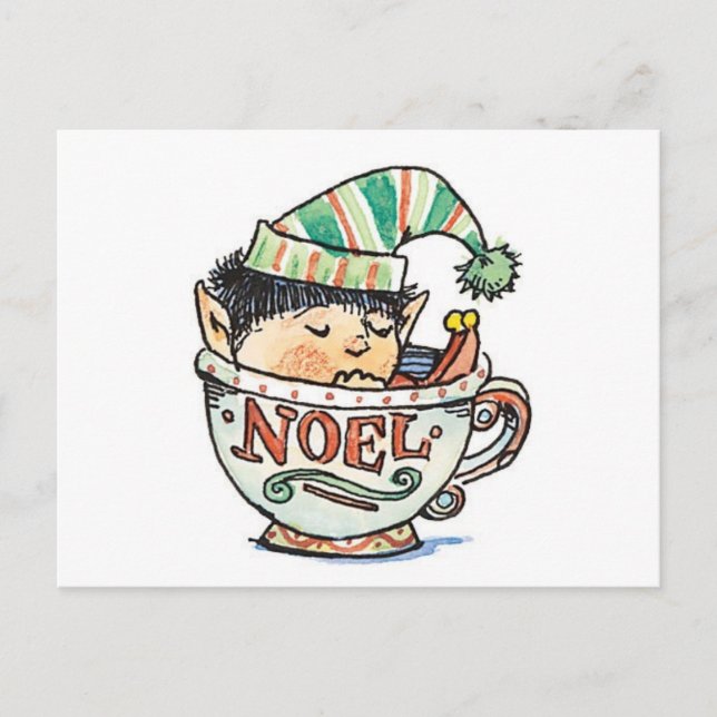 Cute Cartoon Christmas Elf Sleeping in a Tea Cup Holiday Postcard (Front)