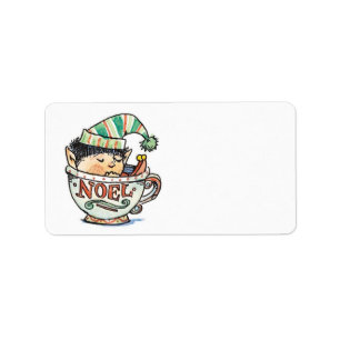 Cute Cartoon Christmas Elf Sleeping in a Tea Cup Label