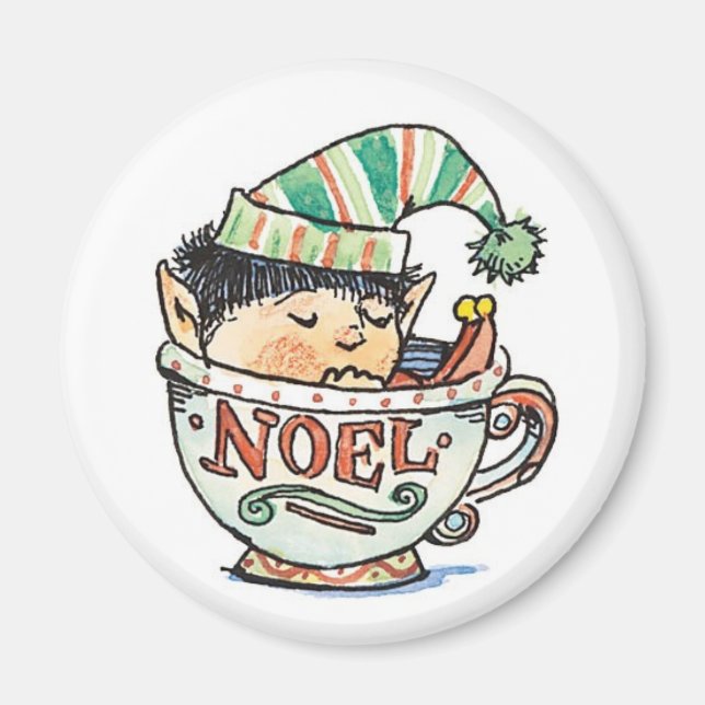 Cute Cartoon Christmas Elf Sleeping in a Tea Cup Magnet (Front)