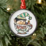 Cute Cartoon Christmas Elf Sleeping in a Tea Cup Metal Ornament<br><div class="desc">Vintage illustration cartoon Christmas holiday clipart featuring an elf asleep in a large tea cup. This cute little boy elf is wearing a striped hat with a fuzzball on the end and pointy shoes. The word Noel written on the side.</div>