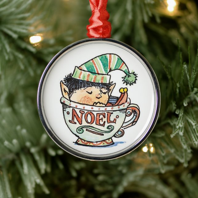 Cute Cartoon Christmas Elf Sleeping in a Tea Cup Metal Ornament (Tree)