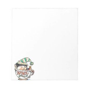 Cute Cartoon Christmas Elf Sleeping in a Tea Cup Notepad