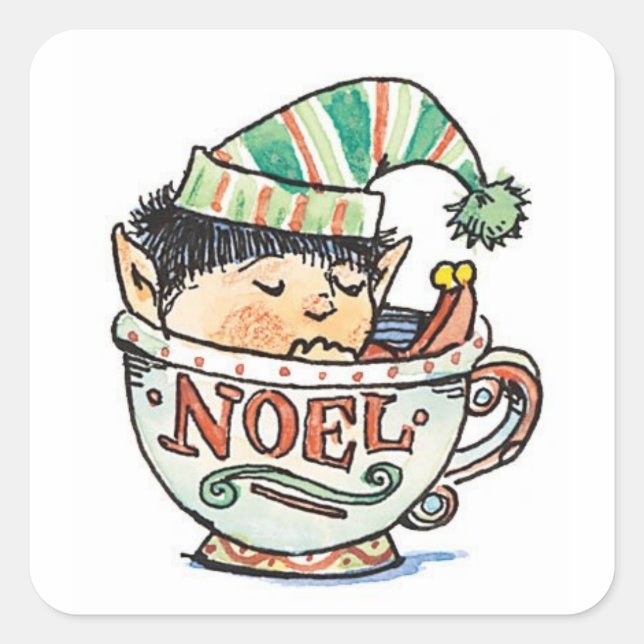 Cute Cartoon Christmas Elf Sleeping in a Tea Cup Square Sticker (Front)