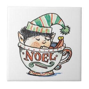 Cute Cartoon Christmas Elf Sleeping in a Tea Cup Tile