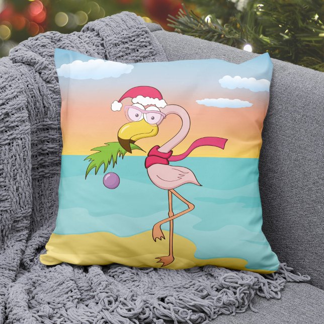 Cute cartoon Christmas flamingo on the beach Throw Pillow (Creator Uploaded)