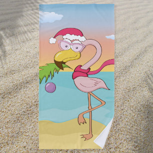 Cute cartoon Christmas flamingo on the beach Towel