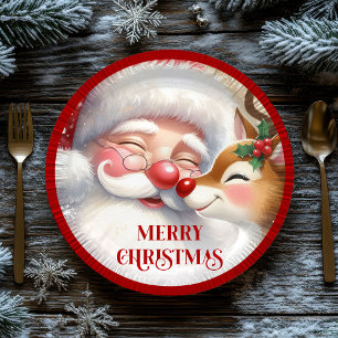 Cute Cartoon Christmas Plates Santa and Rudolph