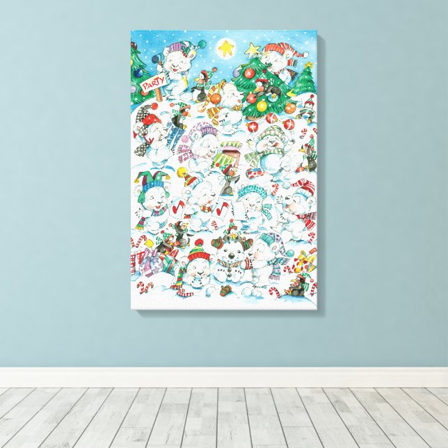 Cute Cartoon Christmas Polar Bear Penguin Party Canvas Print (Insitu(Wood Floor))