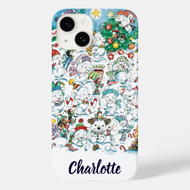 Cute Cartoon Christmas Polar Bear Penguin Party Case-Mate iPhone Case (Back)