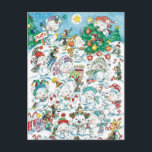 Cute Cartoon Christmas Polar Bear Penguin Party Holiday Postcard<br><div class="desc">Funny vintage illustration Merry Christmas holiday scene featuring silly, happy, animals, polar bears with hats and penguins with scarves, playing in the snow with decorated Christmas trees, wrapped Christmas presents and candy canes. There are stars shining in the night sky as snowflakes fall in the forest. The sign reads "Party."...</div>