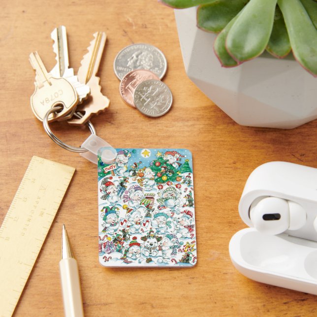 Cute Cartoon Christmas Polar Bear Penguin Party Keychain (Desk)