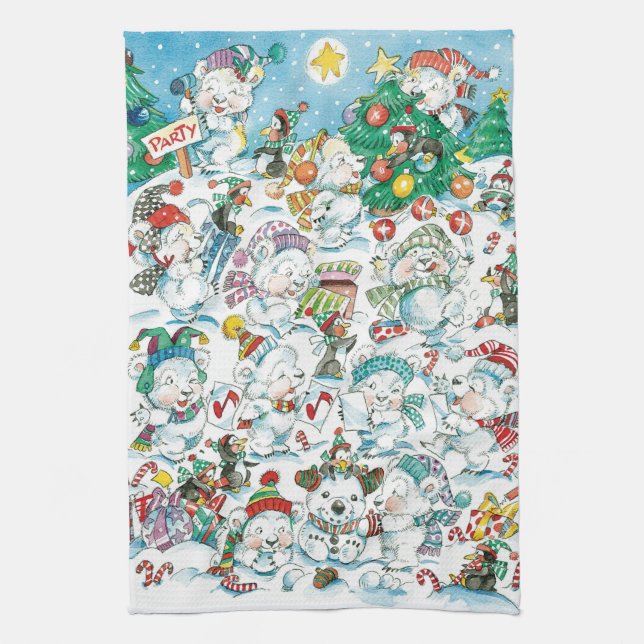 Cute Cartoon Christmas Polar Bear Penguin Party Kitchen Towel (Vertical)